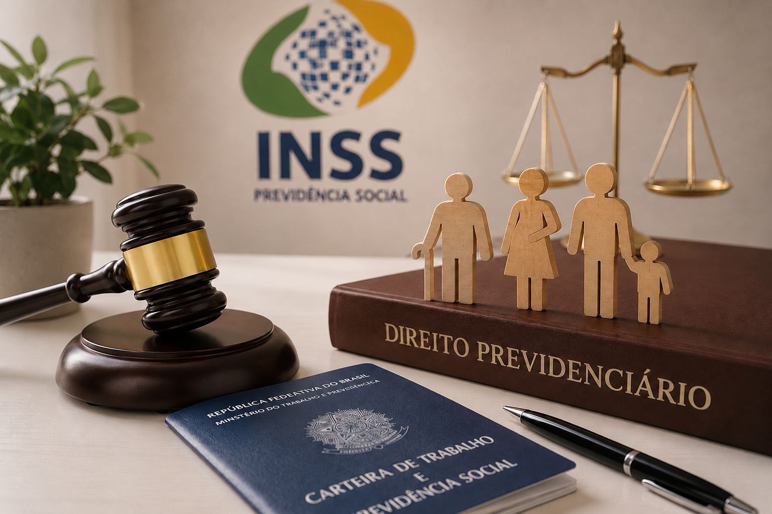Símbolos do Direito Previdenciário: INSS, carteira de trabalho, balança da justiça e família